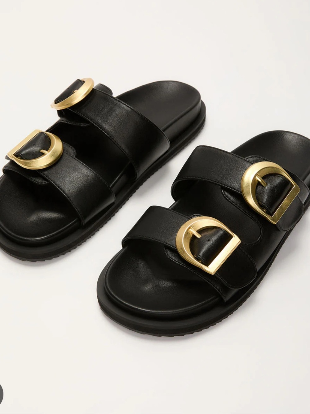 Seychelles Black Double-Buckle Slide Sandals with Gold Buckles